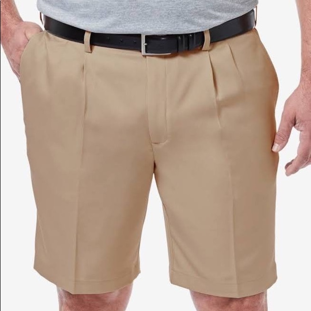 NEW Men’s Haggar Cool 18 Pro Pleated Short Khaki 32 10” Inseam Chino Preppy Tan